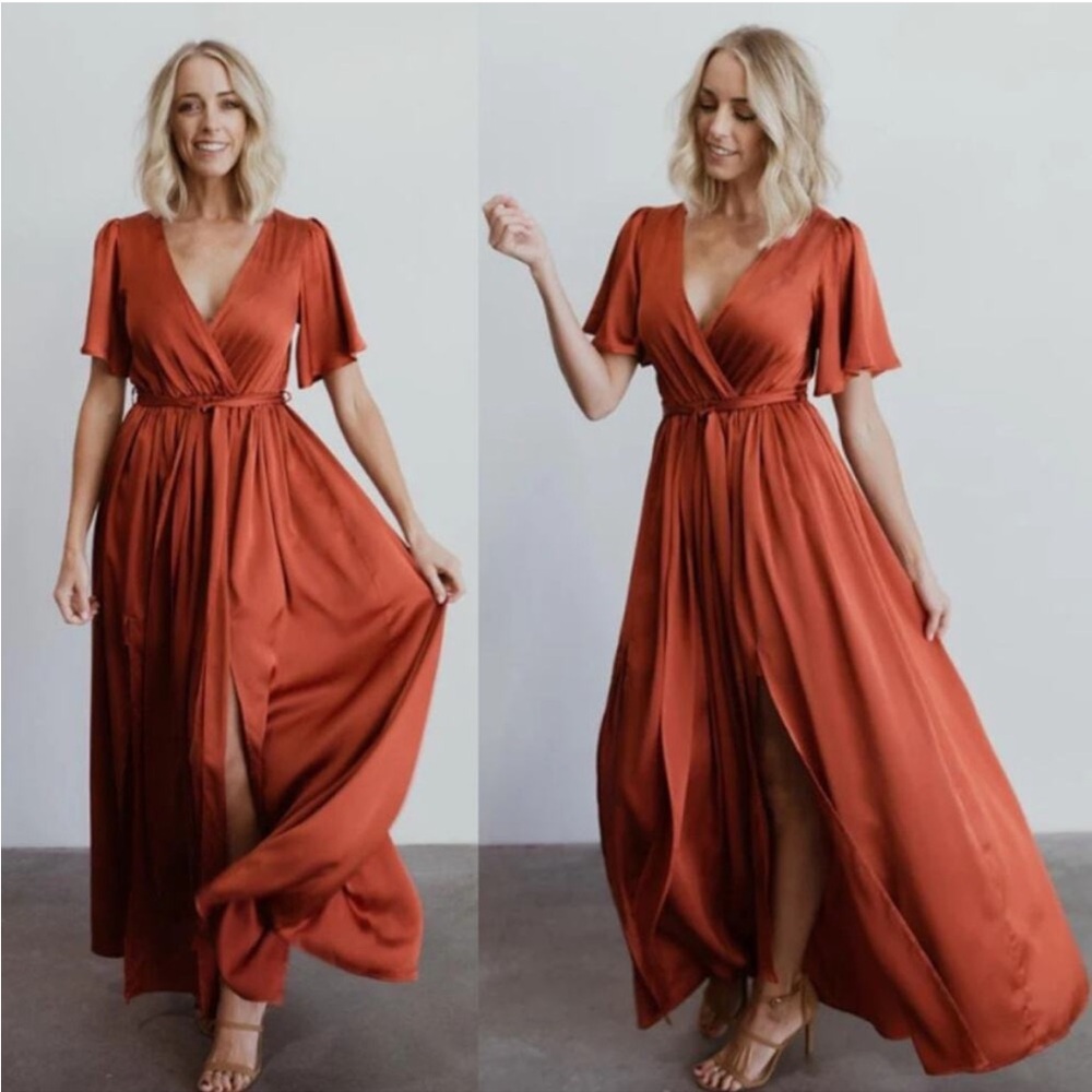 BALTIC BORN Women’s XS Sicily Satin Maxi Dress in Rust Gown Short Sleeve